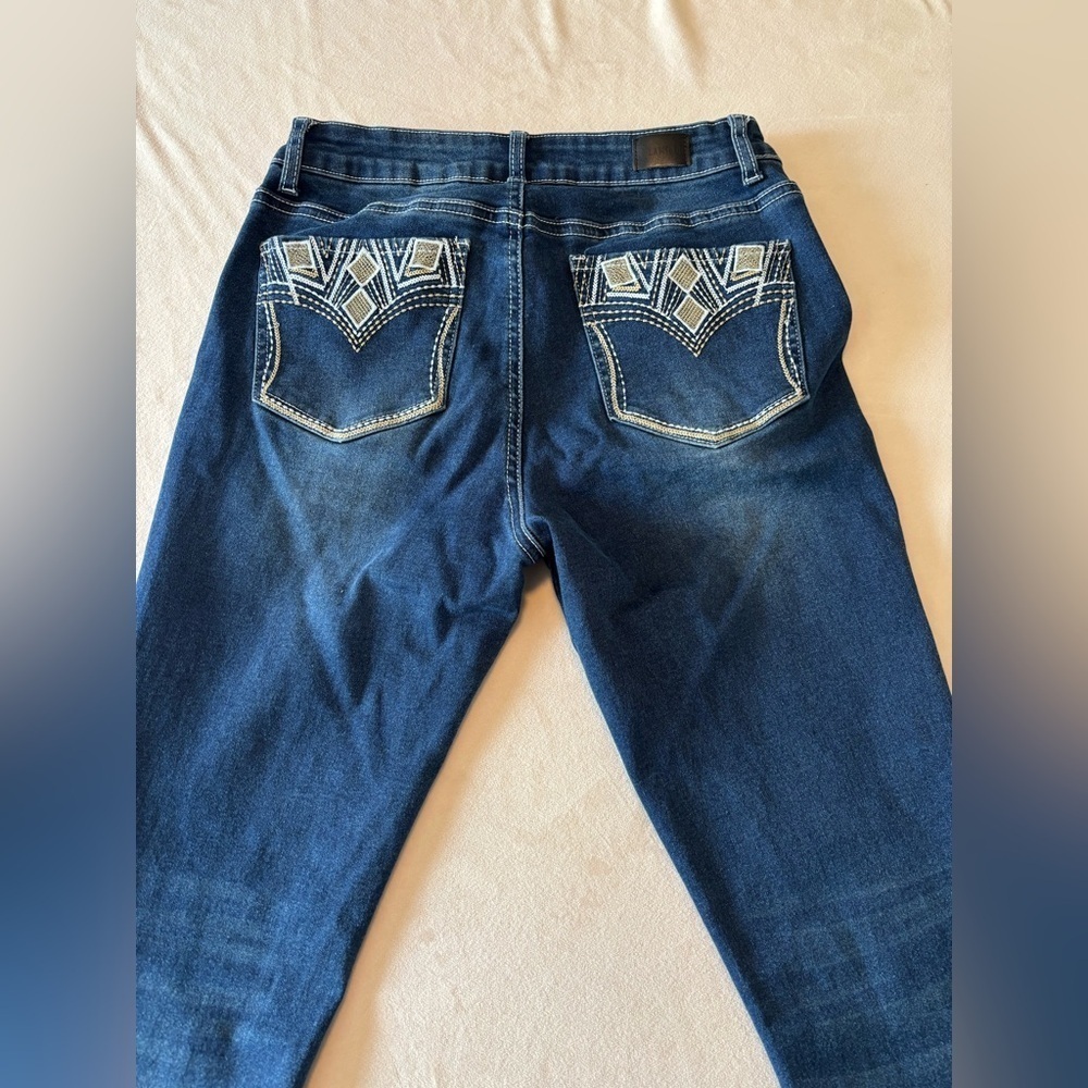 Flamingo Embroidery Back Pocket Dark Blue Stretch Women's Jeans Size M - Picture 2 of 4
